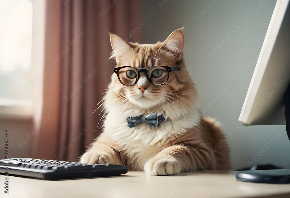 a cat wearing glasses sits on a desk next to a computer. a cat wearing glasses sits on a desk next to a computer.