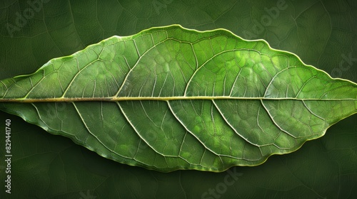 A tight shot of a green leaf against a dark green backdrop  featuring a narrow band of light traversing from leaf s edge above to its edge below