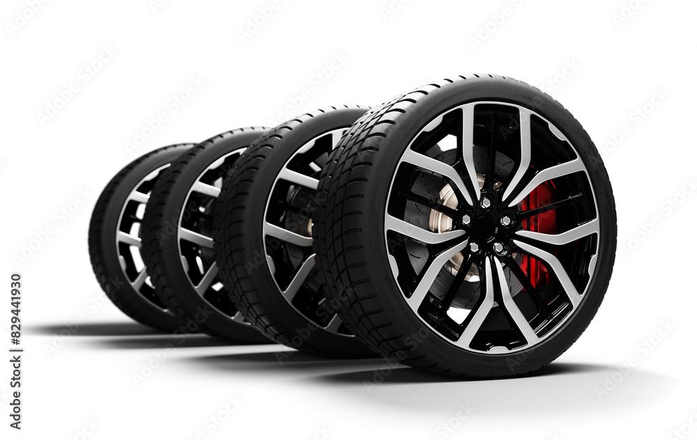 Row of black car wheels with alloy rims on transparent background Stock ...