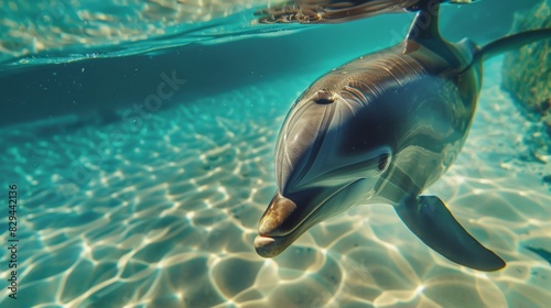 A close-up underwater view of a dolphin swimming 