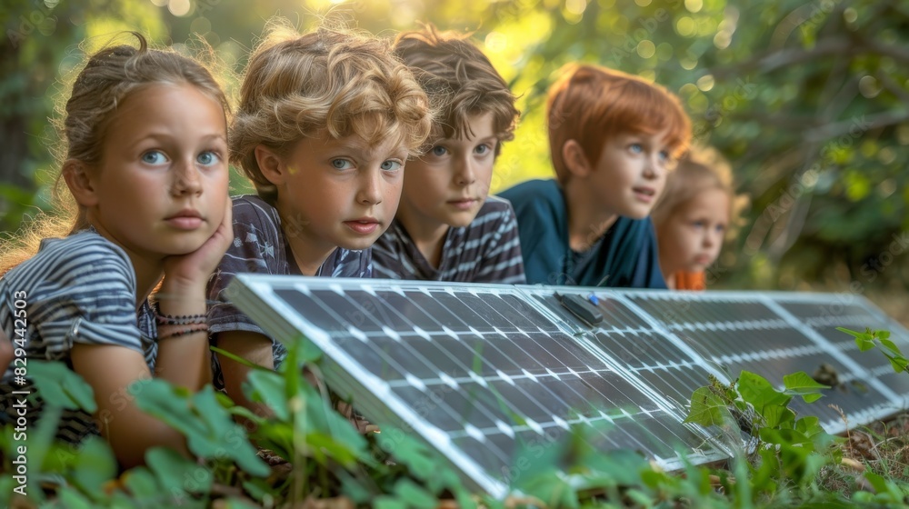 Children in a schoolyard learning about solar panels, the engagement of ...