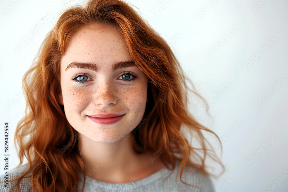 Smiling young girl with freckles in a simple and clean portrait on white background. Generative ai illustration. Smiling young girl with freckles in a simple and clean portrait on white background. Generative ai illustration.