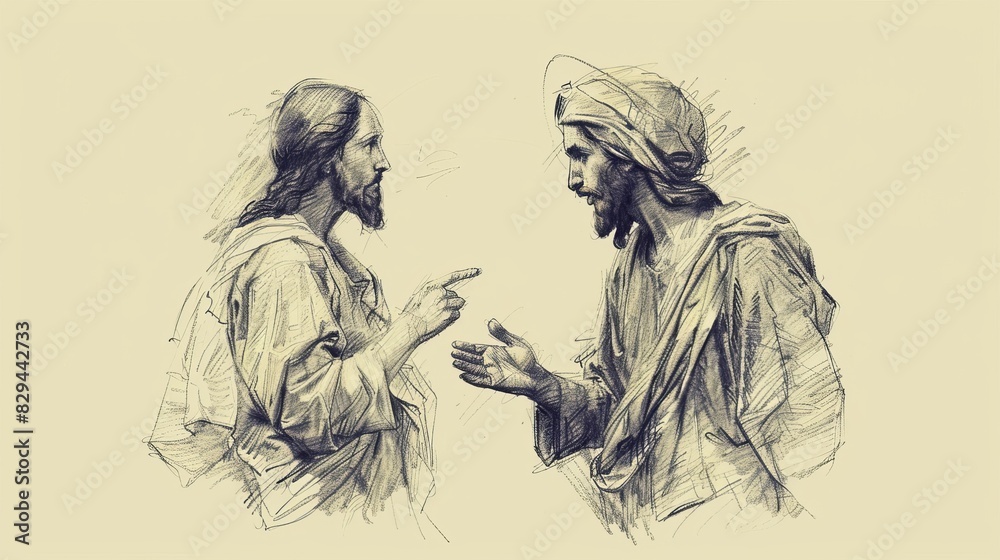 Obraz premium Biblical Illustration: The Samaritan Woman, Jesus at Jacob's Well, Revealing His Identity as Messiah, Beige Background, Copyspace
