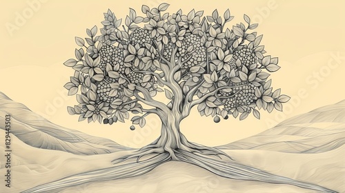 Biblical Illustration: The Tree of Life, Bearing Fruit in New Jerusalem, Healing Leaves, Crystal-Clear River, Beige Background, Copyspace