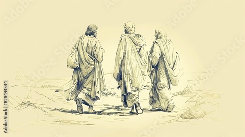Biblical Illustration: The Road to Emmaus, Jesus Walking with Disciples, Revealing in Breaking of Bread, Beige Background, Copyspace
