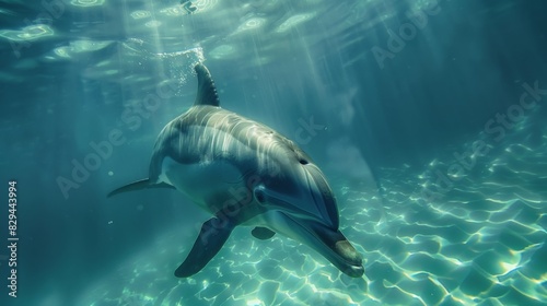 A close-up underwater view of a dolphin swimming 