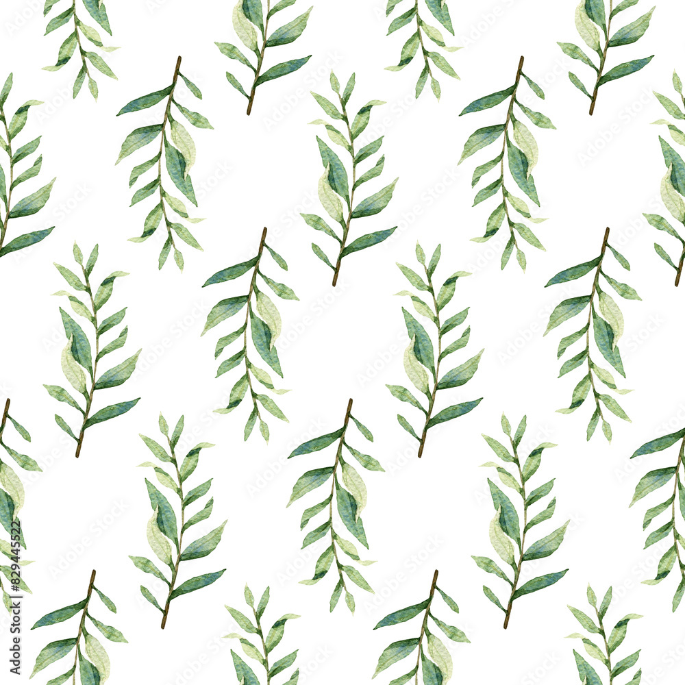 Naklejka premium Watercolor greenery seamless pattern, floral texture on white background