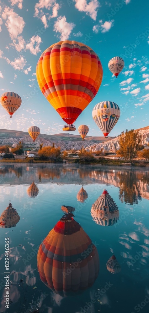 Fototapeta premium Vibrant Hot Air Balloons Reflecting Over Serene Lake at Sunrise