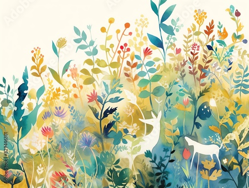 A beautiful watercolor painting of a deer standing in a field of flowers