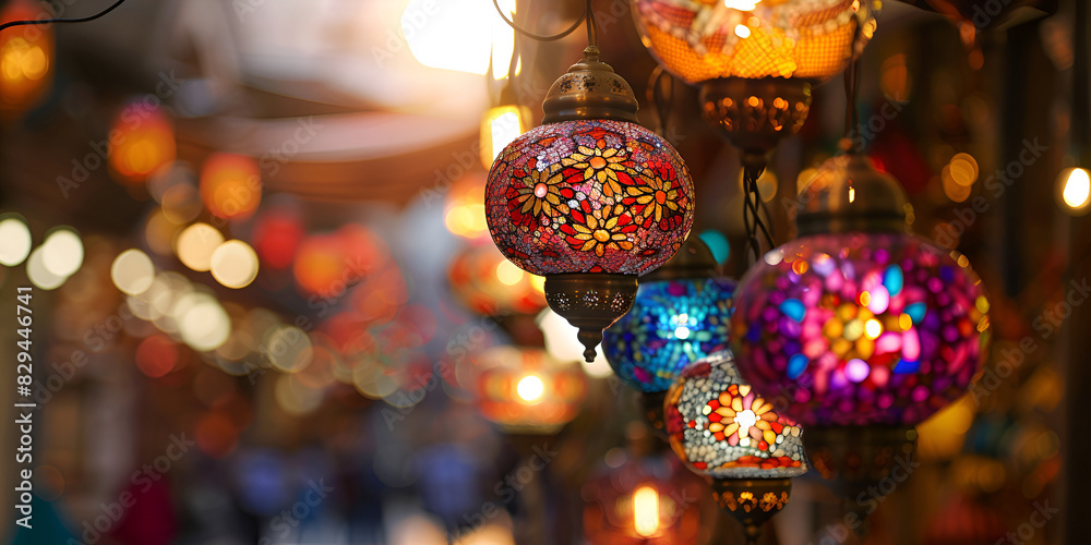 Traditional bright decorative hanging Turkish lamps and colourful lights with vivid colours in the Istanbul Bazaar, Turkey.


