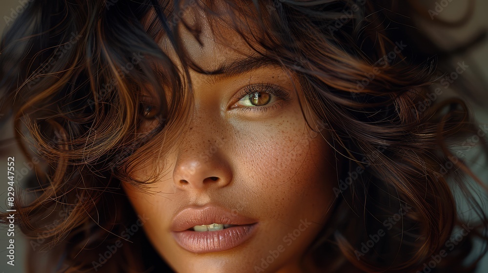 woman with long angular hair blowing out the curls, in the style of rich textures created with Generative AI technology woman with long angular hair blowing out the curls, in the style of rich textures created with Generative AI technology
