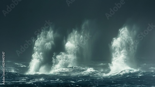 The oceans surface in turmoil as a trio of water spouts intertwine and spin a symphony of raw energy. photo