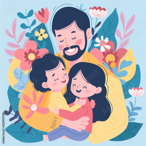 Illustration of a happy father and daughter celebrating flat design background.