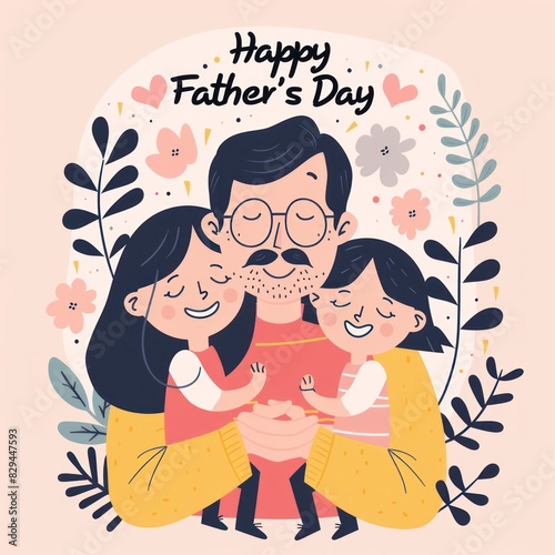 Illustration of a happy father and daughter celebrating flat design background.
