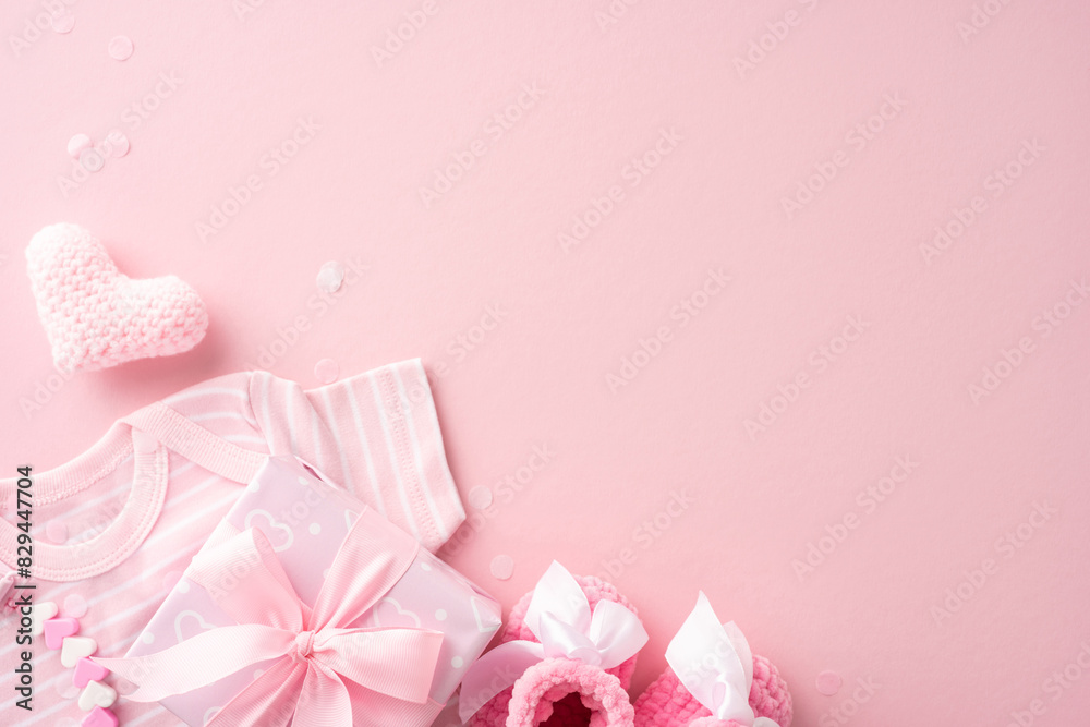 Flat lay of pink baby shower items including baby clothes, gift box, crocheted heart, and baby shoes on pink background Flat lay of pink baby shower items including baby clothes, gift box, crocheted heart, and baby shoes on pink background