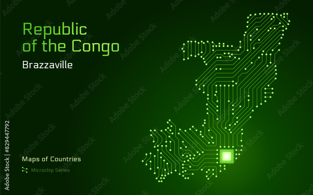 Obraz premium Republic of the Congo Map with a capital of Brazzaville Shown in a Microchip Pattern with processor. E-government. World Countries vector maps. Microchip Series 