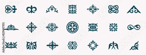 Kazakh national ornaments set. Vector modern isolated element on white background. Asian floral abstract element of the national pattern.