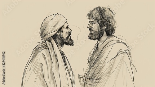 Biblical Illustration: Nicodemus Visits Jesus, Nighttime Discussion, Teaching on Being Born Again, Beige Background, Copyspace photo