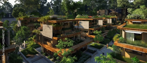 A modern eco-village built using sustainable materials, with rooftop gardens and rainwater harvesting systems. 32k, full ultra HD, high resolution