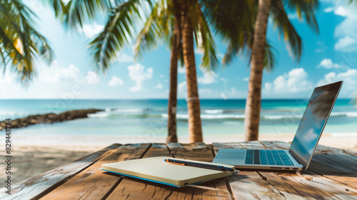 laptop on a wooden table on tropical beach - travel work concept