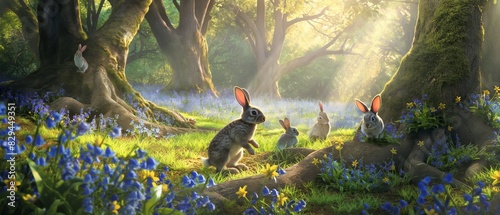 A sun-dappled forest glade carpeted with a vibrant tapestry of bluebells and forget-me-nots, where a family of rabbits frolics among the ancient trees, heralding the arrival of Spring.  photo