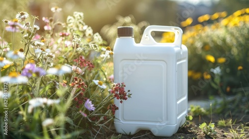 white blank plastic jerry can for garden plant fertilizer in flower bed