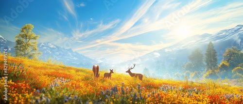 A sun-kissed meadow alive with the vibrant hues of Spring, where a family of deer grazes peacefully amid a sea of golden wildflowers, under a sky painted with wispy clouds.  photo