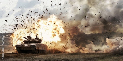 A tank exploding on the battlefield  engulfed in a massive fireball and debris. The dramatic scene showcases the intense destruction and chaos of warfare.