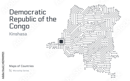 Democratic Republic of the Congo Map with a capital of Kinshasa Shown in a Microchip Pattern with processor. E-government. World Countries vector maps. Microchip Series	