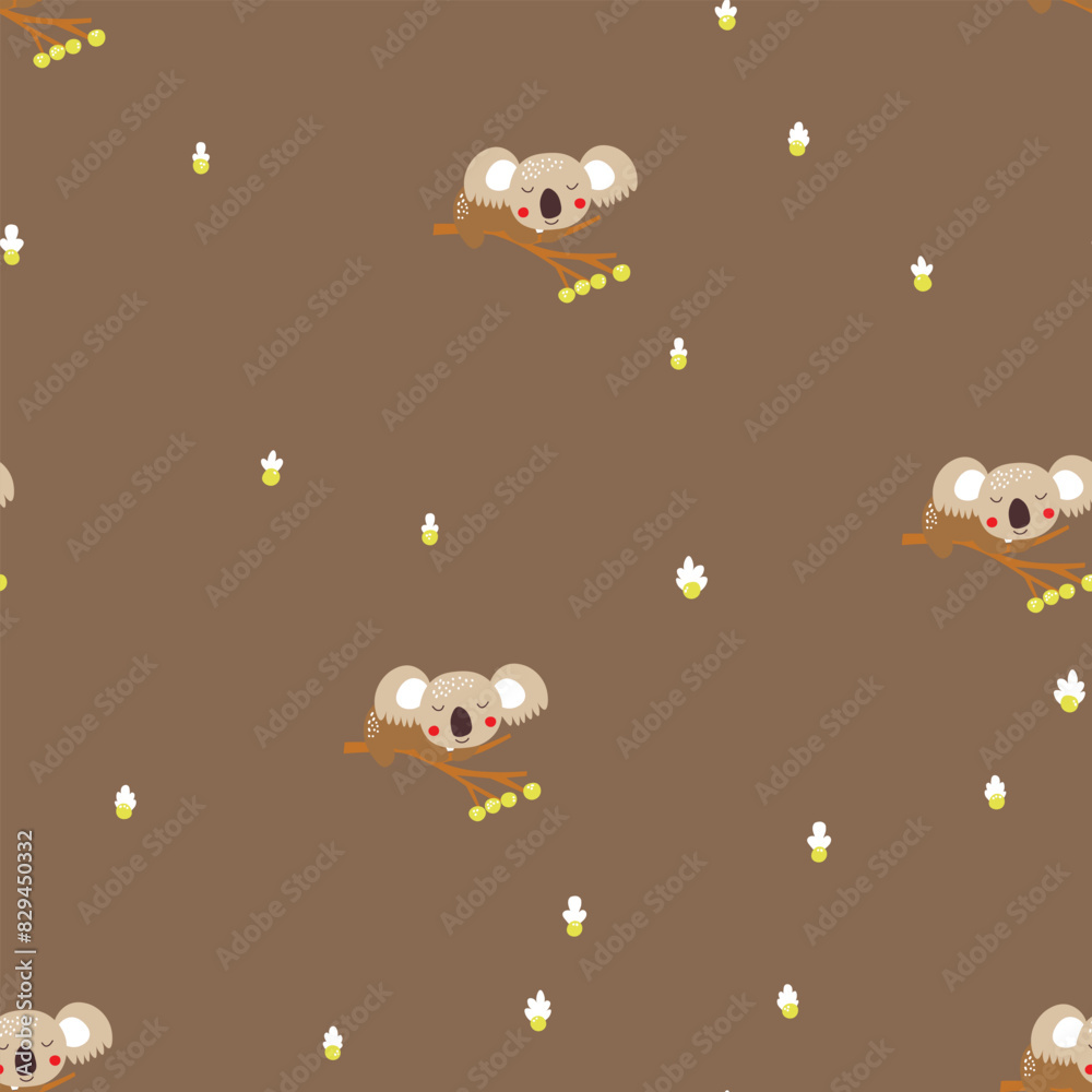 Seamless pattern with cute koala baby on color background. Funny australian animals. Card, postcards for kids. Flat vector illustration for fabric, textile, wallpaper, poster, paper Seamless pattern with cute koala baby on color background. Funny australian animals. Card, postcards for kids. Flat vector illustration for fabric, textile, wallpaper, poster, paper