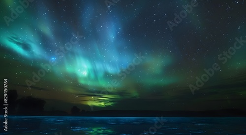 Capture the ethereal beauty of the Aurora Borealis in a photograph taken on May 11, Breathtaking panoramic view of the Aurora Borealis illuminating the night sky in northern Germany. photo