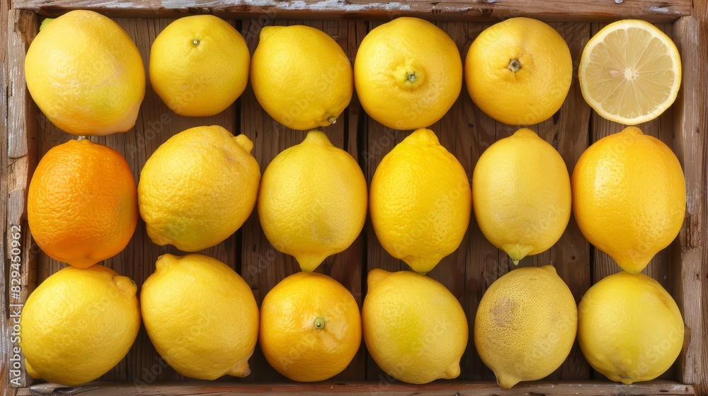  A crate brimming with numerous lemons, accompanied by a few oranges, and a lemon slice atop each lemon, situated in front of the crate