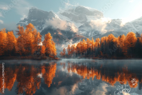 Autumn forest reflected in calm lake against mountain backdrop