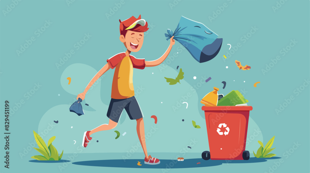 Young man throwing trash bags to garbage can Cartoon