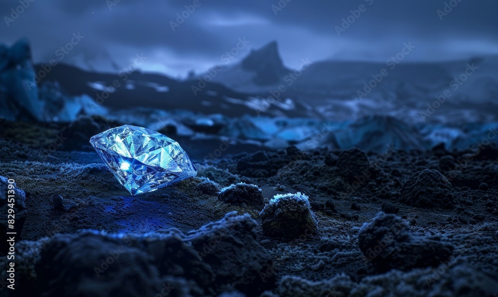 Obraz premium Brilliant diamonds that sparkle in blue tones contrast with the dark and mysterious landscape.