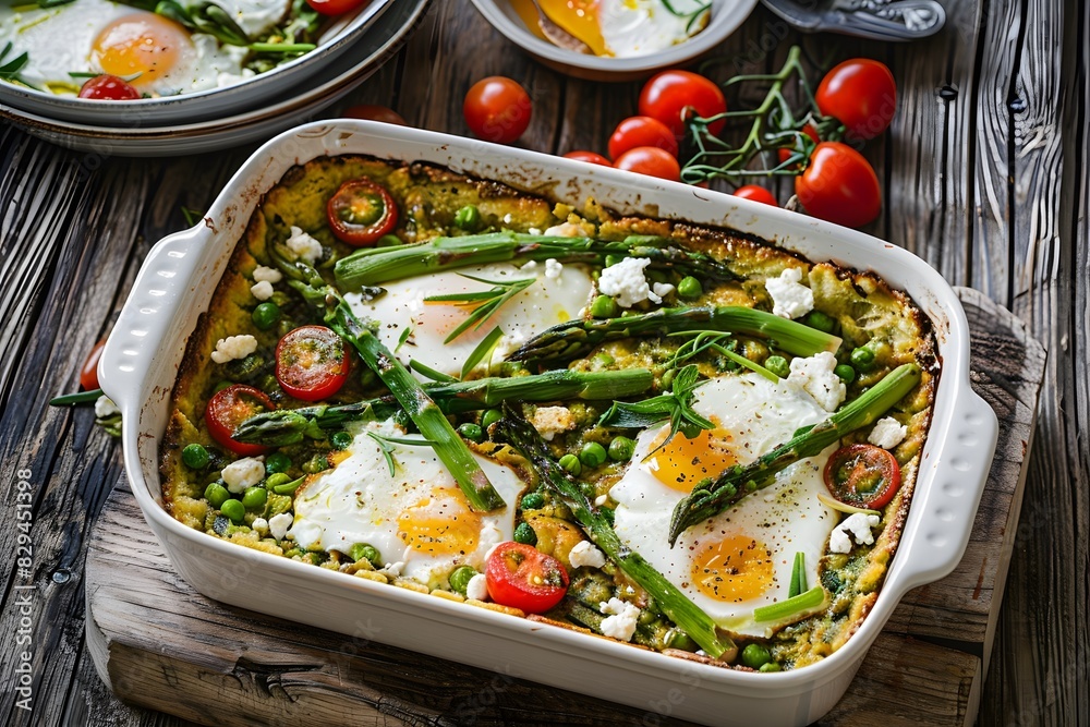 A rustic and flavorful bread casserole featuring green asparagus, creamy goat cheese, juicy tomatoes, and perfectly cooked eggs. A rustic and flavorful bread casserole featuring green asparagus, creamy goat cheese, juicy tomatoes, and perfectly cooked eggs.