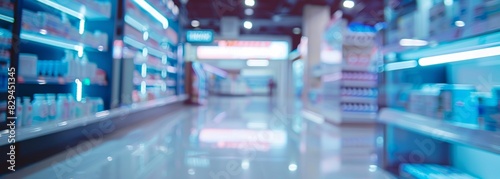 Pharmacy shelves background. Pharmacy interior. Blurred background