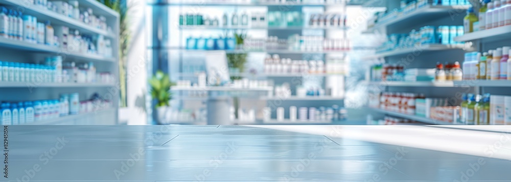 Pharmacy shelves background. Pharmacy interior. Blurred background Pharmacy shelves background. Pharmacy interior. Blurred background