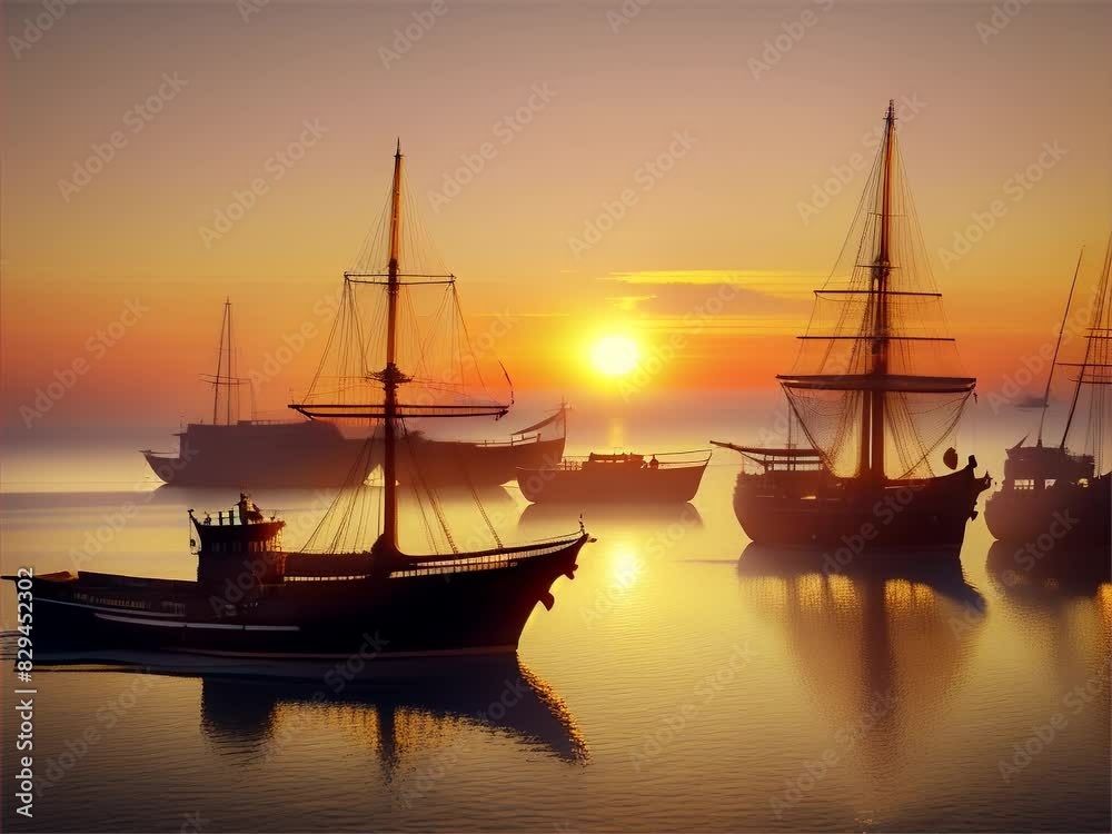 A busy harbor at sunrise, with fishing boats and seagulls in the sky. A busy harbor at sunrise, with fishing boats and seagulls in the sky.