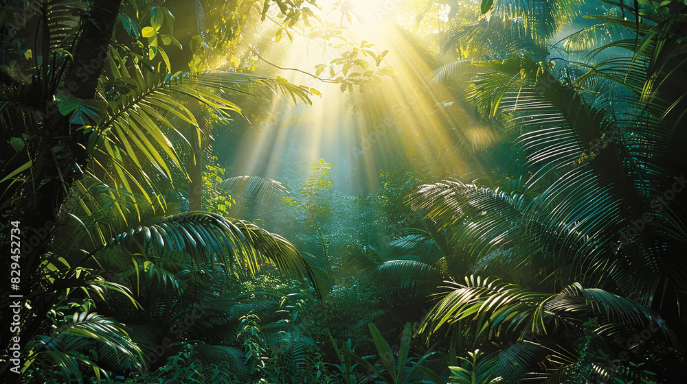 A dense jungle canopy alive with the vibrant hues of exotic flora, with shafts of sunlight piercing through the foliage to illuminate the forest floor below.