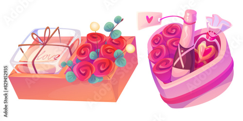 Valentine day chocolate box gift. Love food icon. Isolated sweet heart package with wine and cookie to give in marriage. Rose decoration with confectionery cute design set. 14 February romantic cake