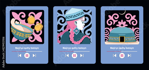Kazakh text "Happy Nauryz day!" Spring equinox holiday in Kazakhstan. Flat vector greeting card set. Illustration with musical player interface and national ornaments. Kazakh vibe elements.