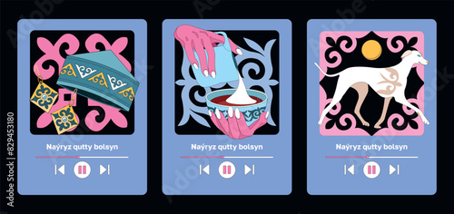 Kazakh text "Happy Nauryz day!" Spring equinox holiday in Kazakhstan. Flat vector greeting card set. Illustration with musical player interface and national ornaments. Kazakh vibe elements.