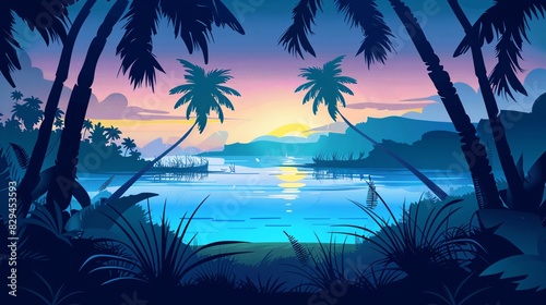 A tropical landscape of jungle on a sea beach with jungle trees and grass silhouetted in the water. Modern cartoon illustration of an exotic island with a shoreline on the ocean.