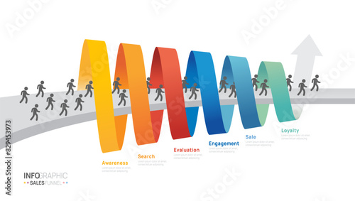 Sales funnel arrow infographic vector template with 6 steps for digital marketing and startup business.
