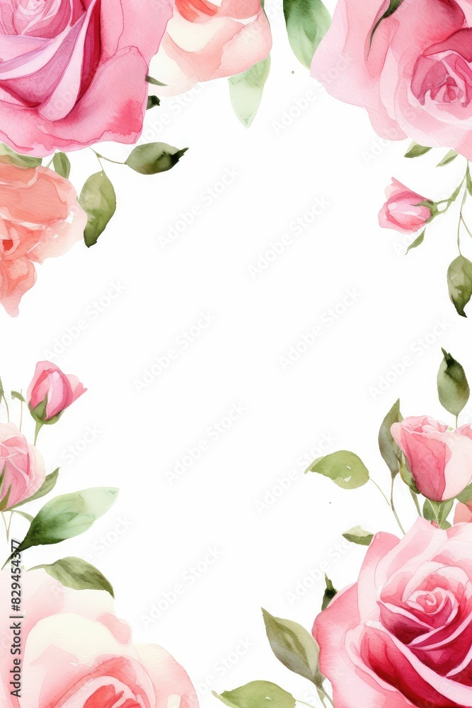 pink rose themed frame or border for photos and text. watercolor illustration, Perfect for nursery art, simple clipart, single object, white color background. for invitation, wedding or greeting cards