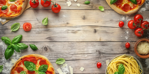 Italian food and flag on a wooden table, for menu and restaurant. Typical dishes in Italy. Pizza, pasta, cheese, parmesan, basil, herbs, tomatoes, and tomato sauce. Food menu, copy space design.