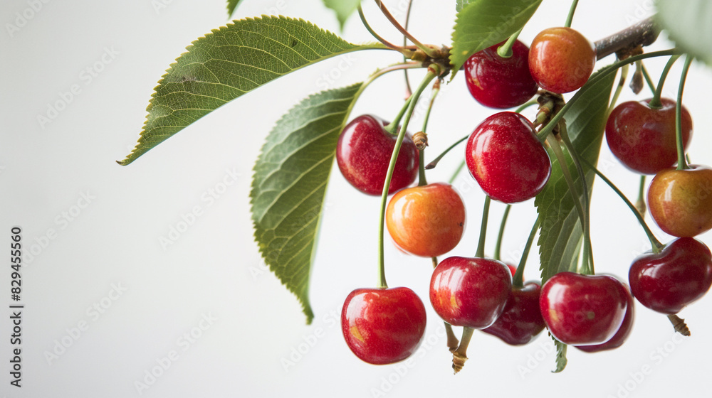 Glossy red cherries with green leaves hanging from a delicate branch, set against a white background. Glossy red cherries with green leaves hanging from a delicate branch, set against a white background.