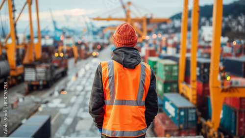 Worker in High-Visibility Vest at Cargo Port, Arbeiter in Warnweste steht am Frachthafen