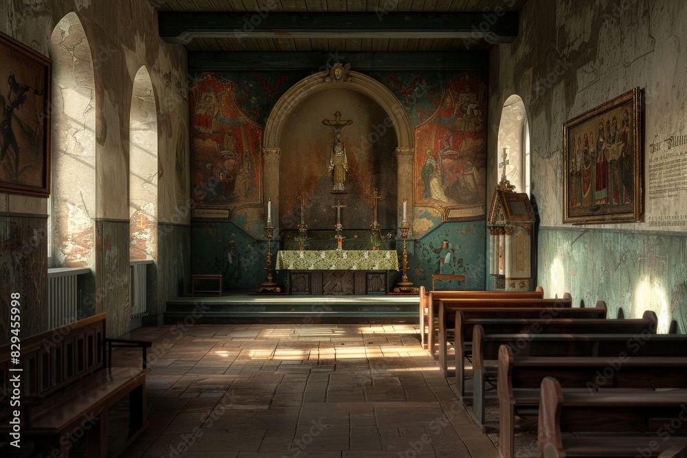 Fototapeta premium Zimmer eines alten verfallenen Hauses - Generative AI. Beautiful simple AI generated image in 4K, unique.